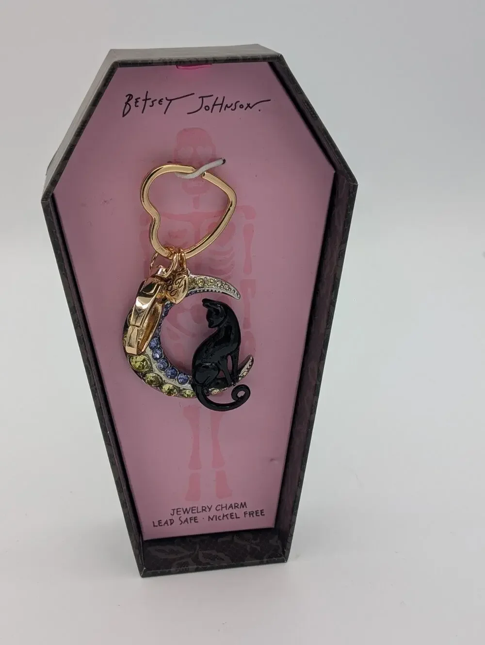 $58 Betsey Johnson Halloween Moon & Black Cat Jewelry Charm Keychain NEW in Box